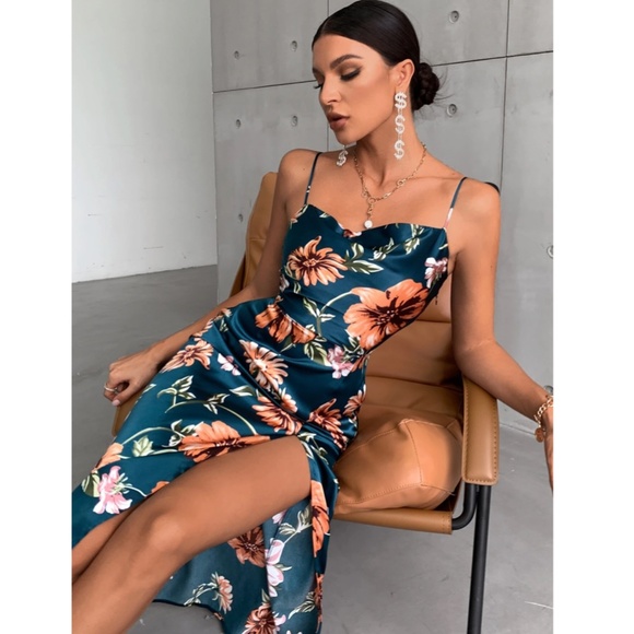 Floral Print Cowl Neckline Cami Satin Midi Dress in Dark Teal Leg Slit - Picture 2 of 8